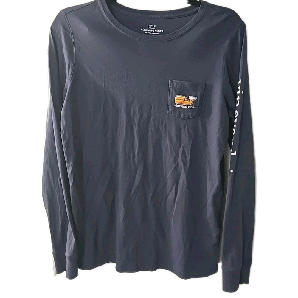 Vineyard Vines Whale Long Sleeve Chest Pocket Navy Gray Shirt Mens Size Small